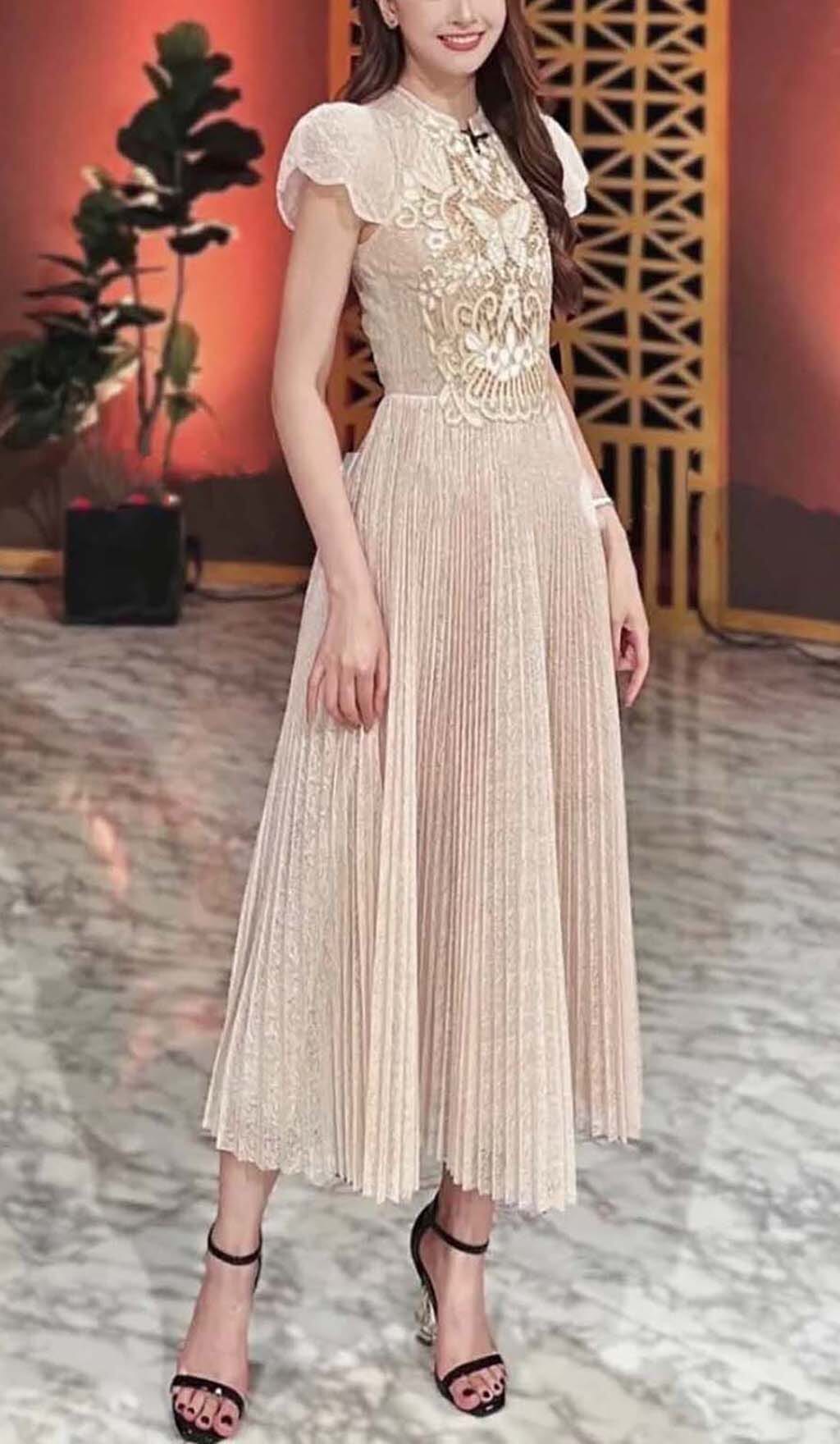 Pleated Embroidery Midi Dress In Beige Flowering Girl