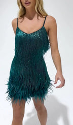 Tassel Feather Mini Dress In Dark Green Flowering Girl