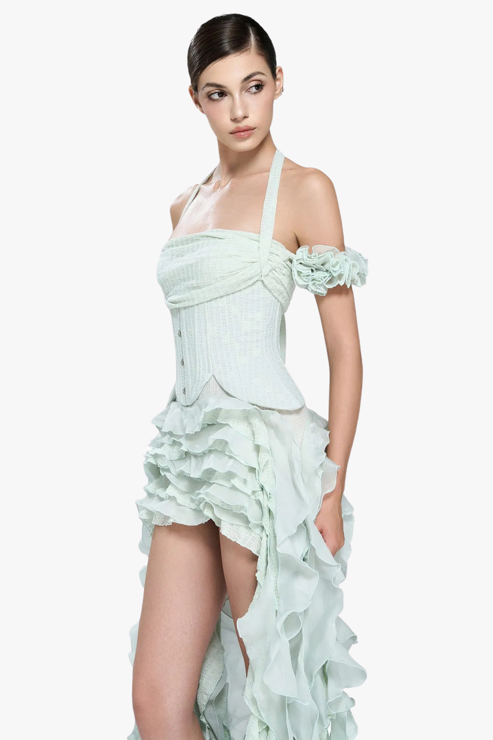 elva halter three-dimensional flower irregular tassel mini dress in mint Flowering Girl