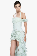 elva halter three-dimensional flower irregular tassel mini dress in mint Flowering Girl