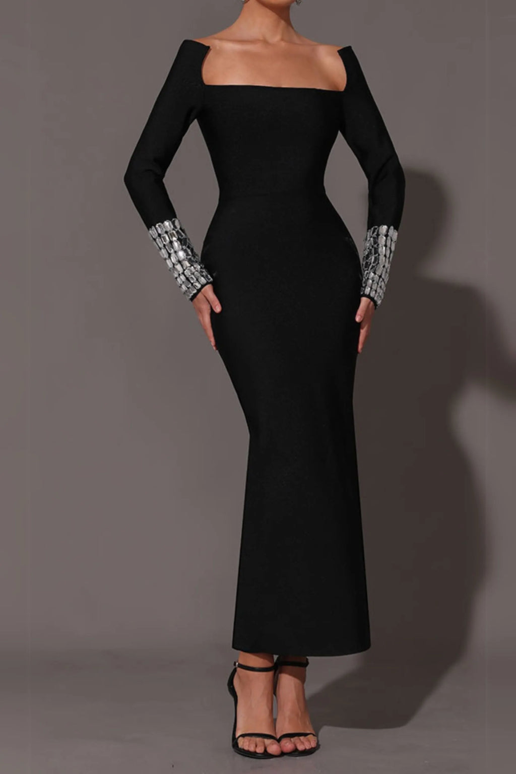 Square Neck Diamond Tight Bandage Maxi Dress In Black Flowering Girl