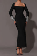 Square Neck Diamond Tight Bandage Maxi Dress In Black Flowering Girl