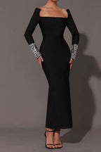Square Neck Diamond Tight Bandage Maxi Dress In Black Flowering Girl