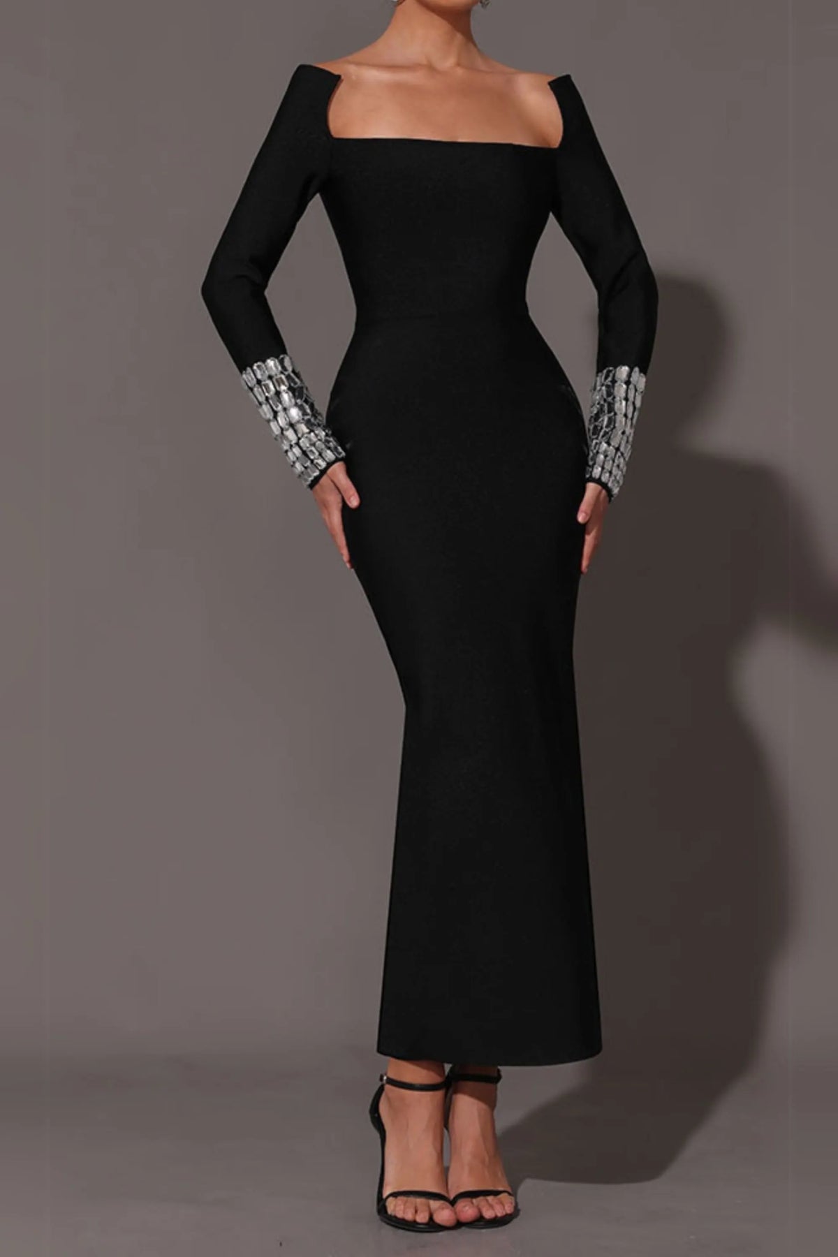 Square Neck Diamond Tight Bandage Maxi Dress In Black Flowering Girl