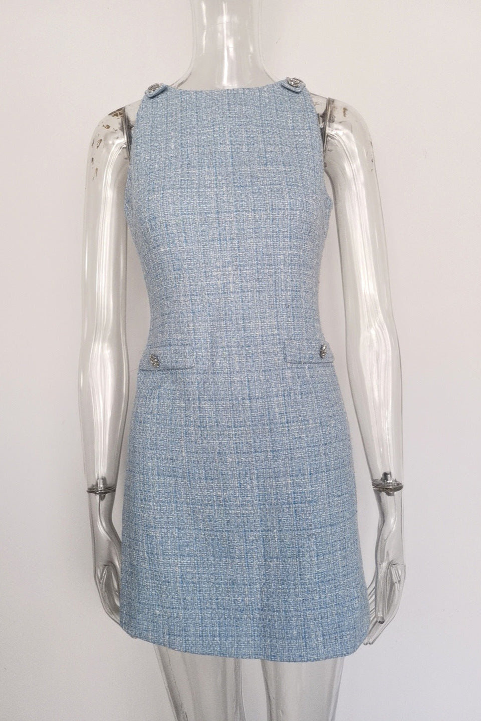 Halter Neck Tweed Vest Mini Dress In Blue Flowering Girl