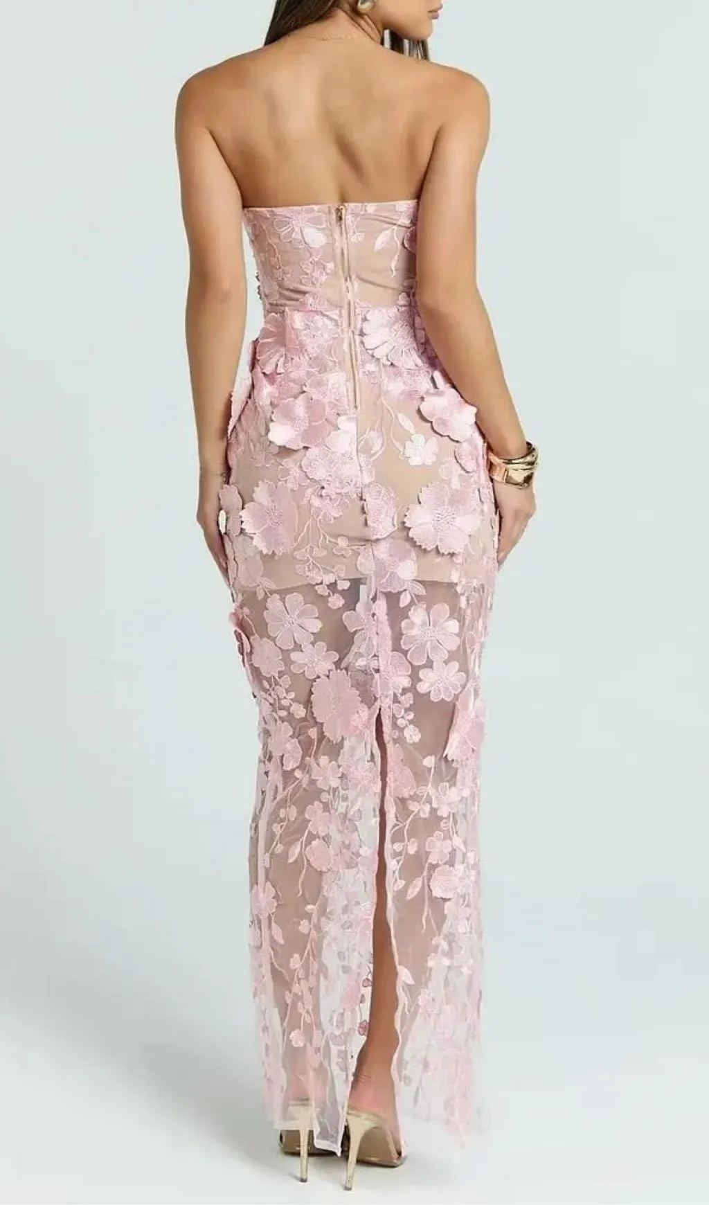 Strapless 3D Floral Mesh Maxi Dress Flowering Girl