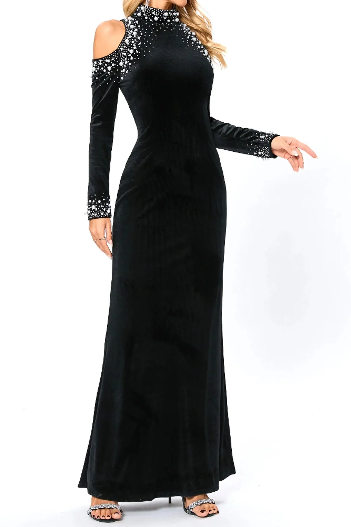 barbara sequin embellished long sleeve maxi dress in black Flowering Girl