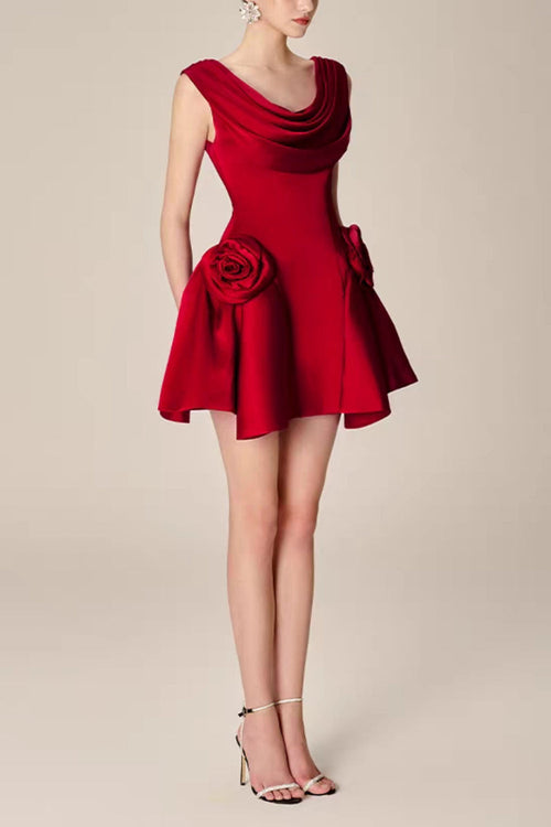3D Flower Pleated Sleeveless Mini Dress Flowering Girl