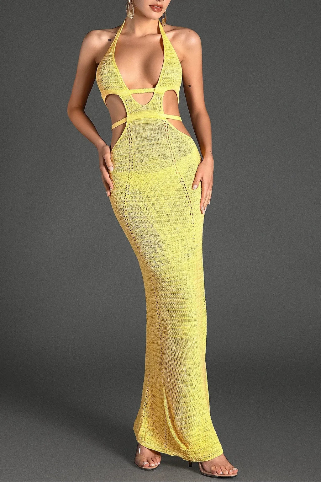 Biridi Halter Sheer Knit Dress In Yellow Flowering Girl