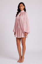 High Neck Keyhole Cape Puff Sleeve Ruched Pleated Mini Dress Flowering Girl