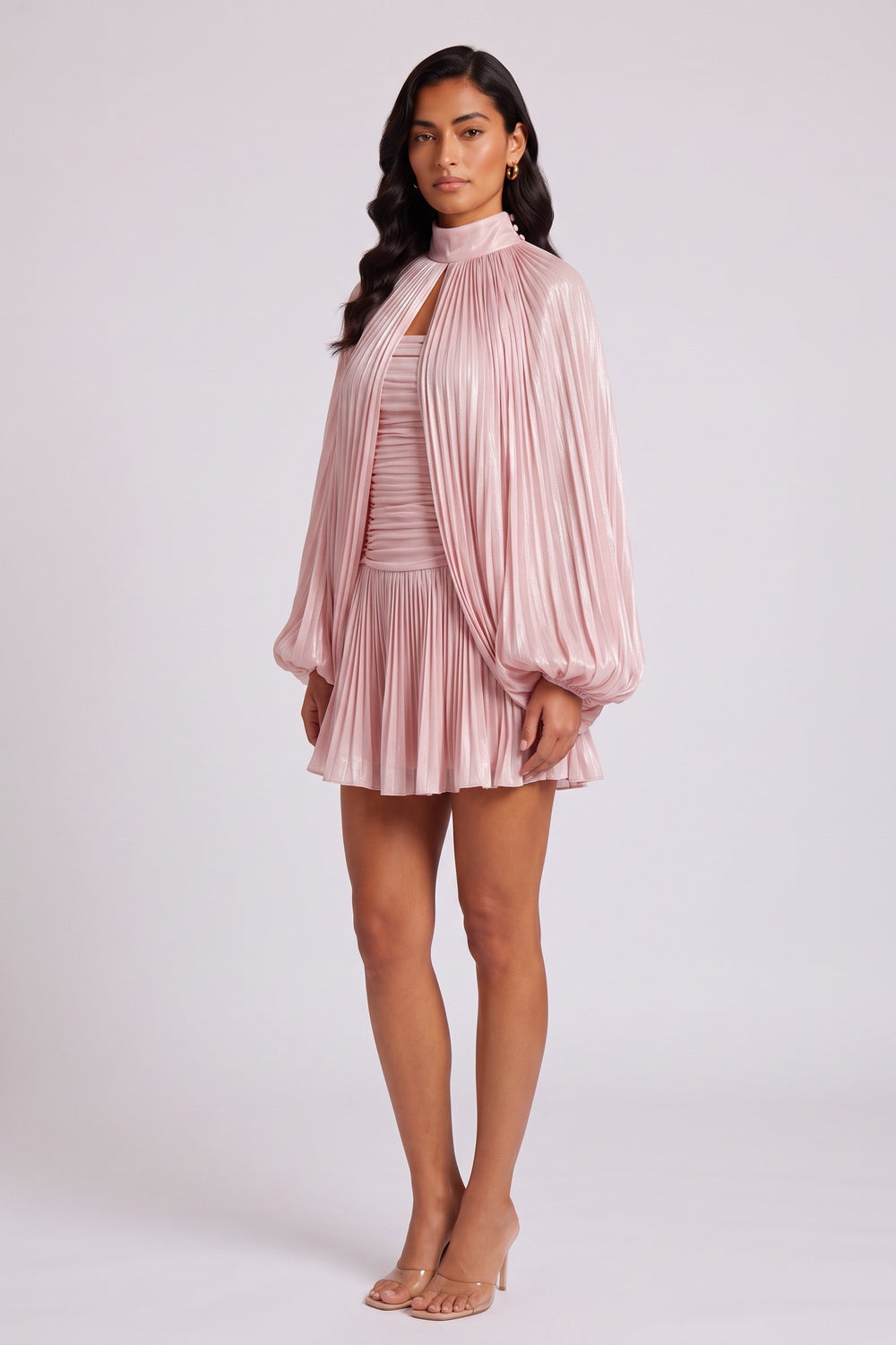 High Neck Keyhole Cape Puff Sleeve Ruched Pleated Mini Dress Flowering Girl