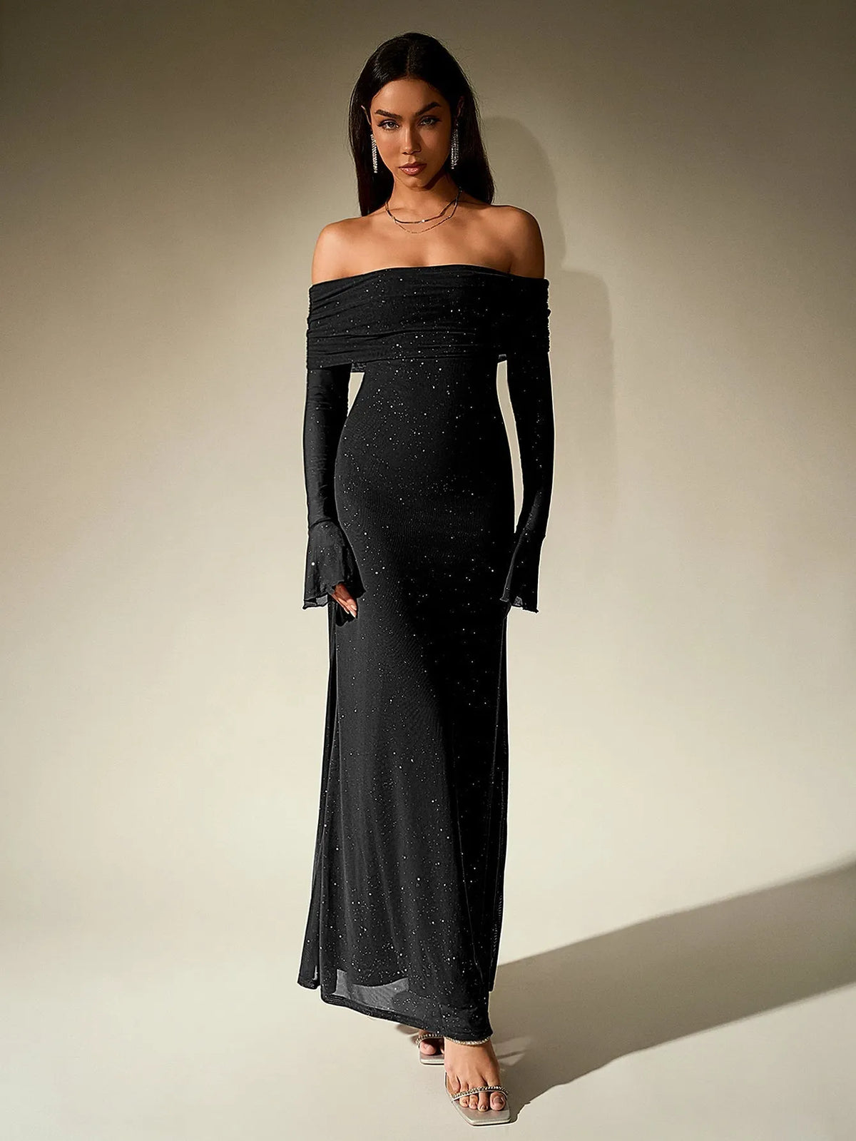 Off Shoulder Flounce Sleeve Mesh Sequin Dress Flowering Girl