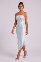 Pale Blue Satin Sheath Dress with Pink Lace Trim Flowering Girl