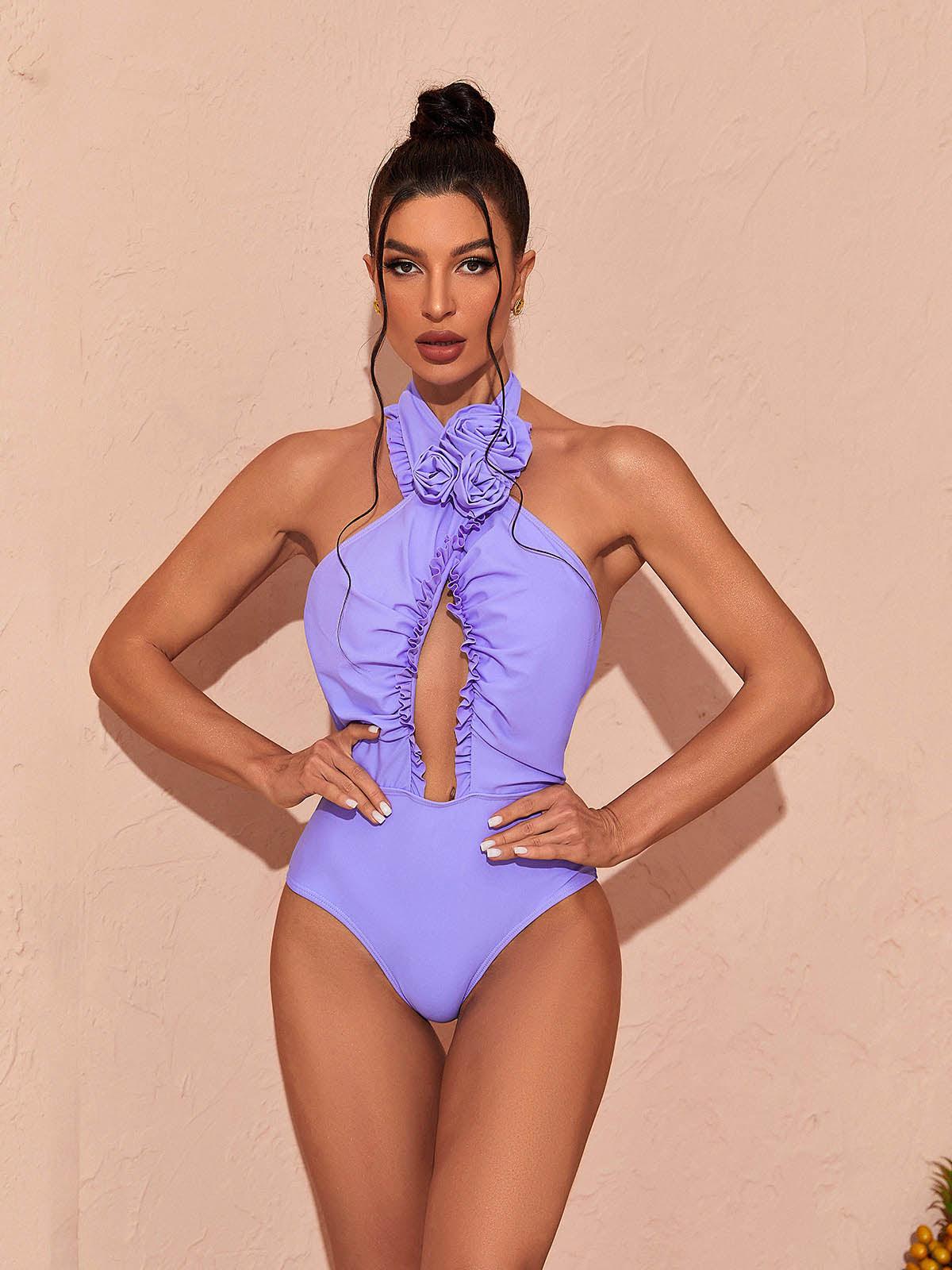 Cally Halterneck Swimwear Two Piece Set In Lilac Flowering Girl