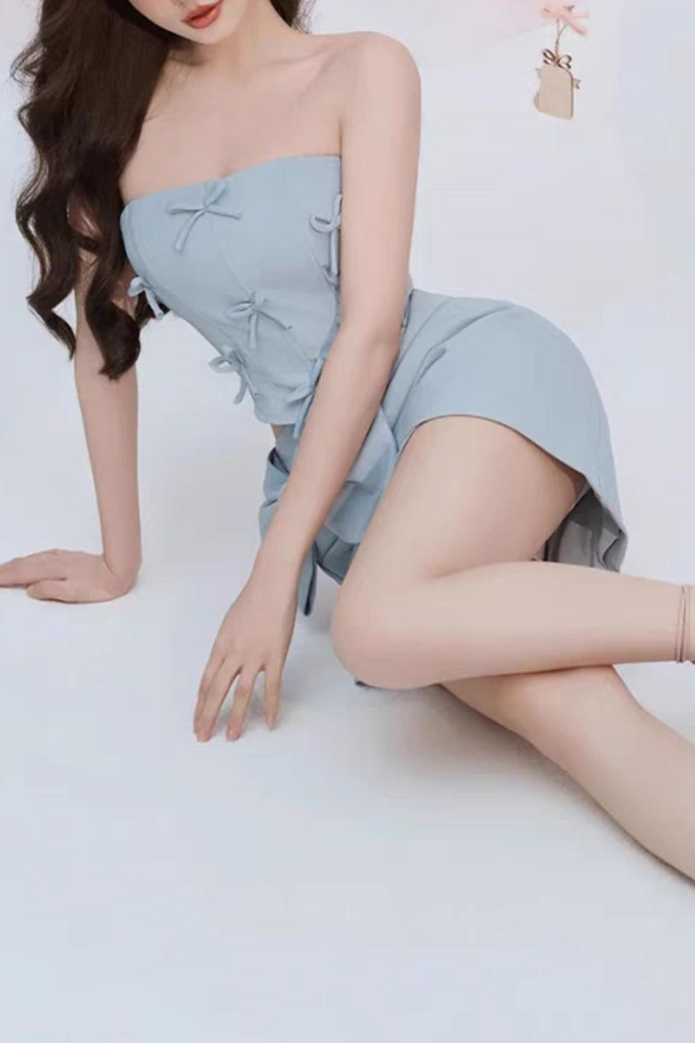 Bow Embellished Two-Piece Set In Blue Flowering Girl