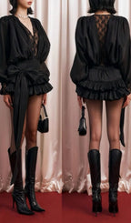 laeron V Neck Lace Bow Mini Dress In Black Flowering Girl