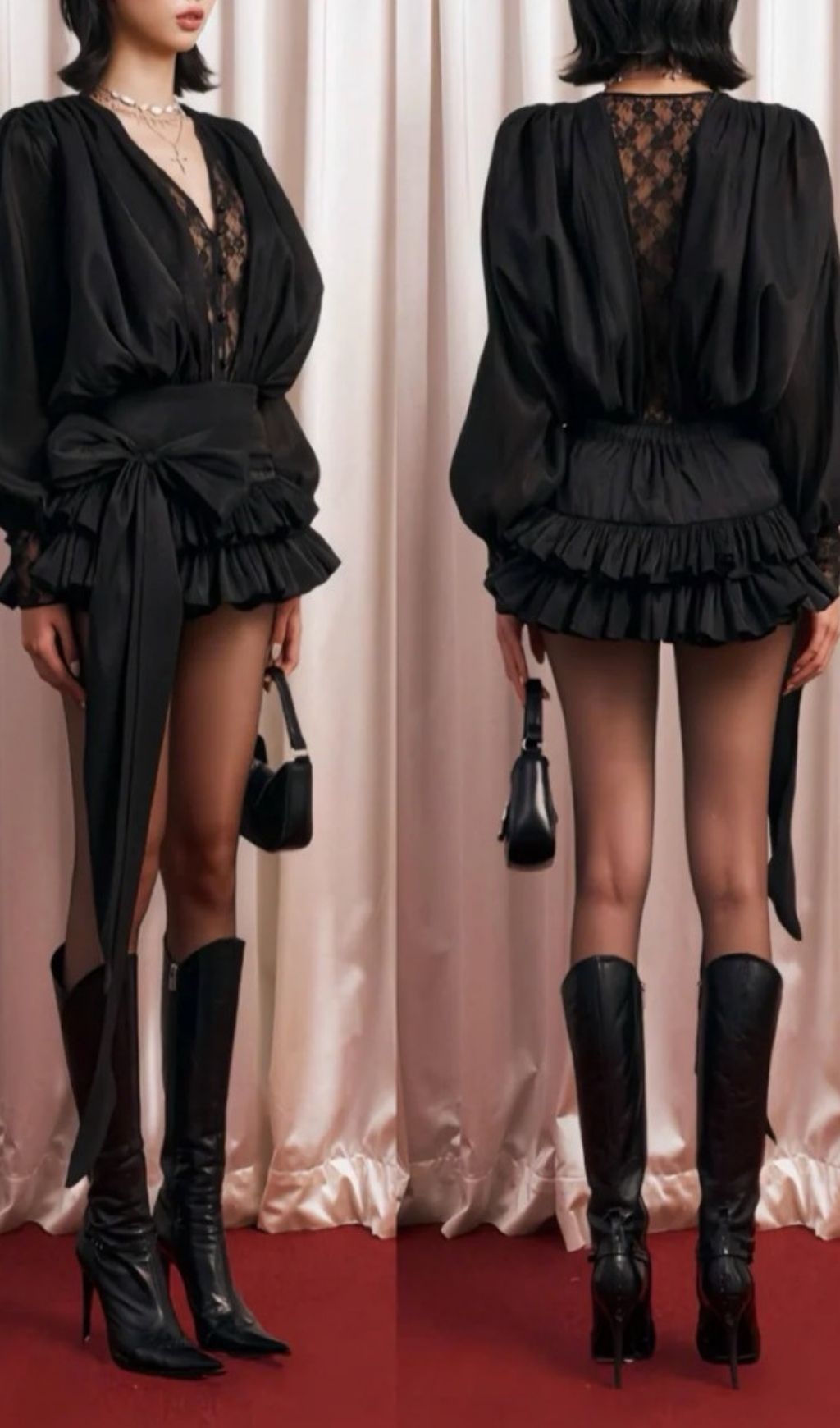 laeron V Neck Lace Bow Mini Dress In Black Flowering Girl
