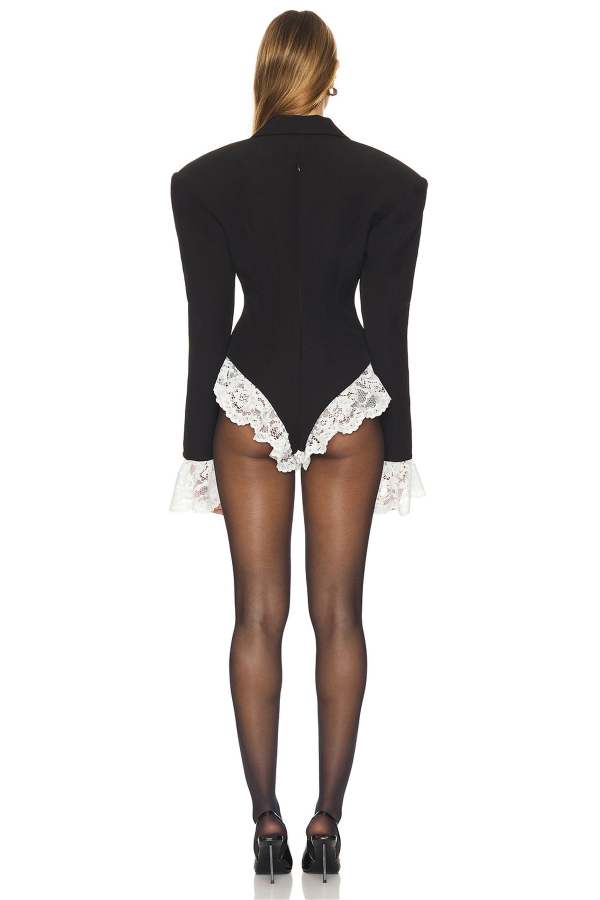 v-Neck Lace-Embellished Jumpsuit Blazer In Black Flowering Girl