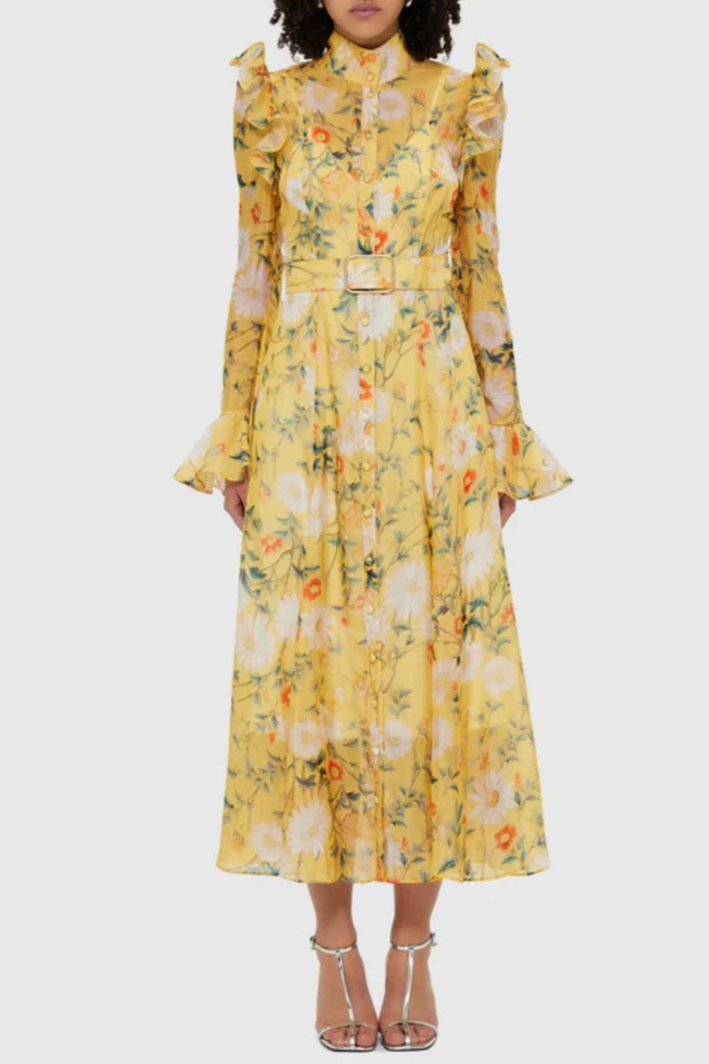 Daisy Print Butterfly Sleeve Midi Dress In Yellow Flowering Girl
