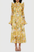 Daisy Print Butterfly Sleeve Midi Dress In Yellow Flowering Girl