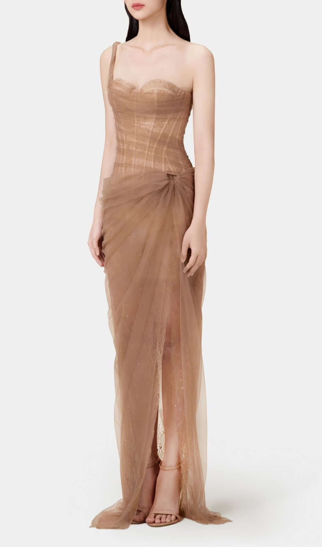 Anandi Brown Mesh Corset Maxi Dress Flowering Girl