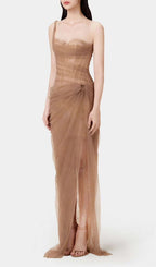 Anandi Brown Mesh Corset Maxi Dress Flowering Girl