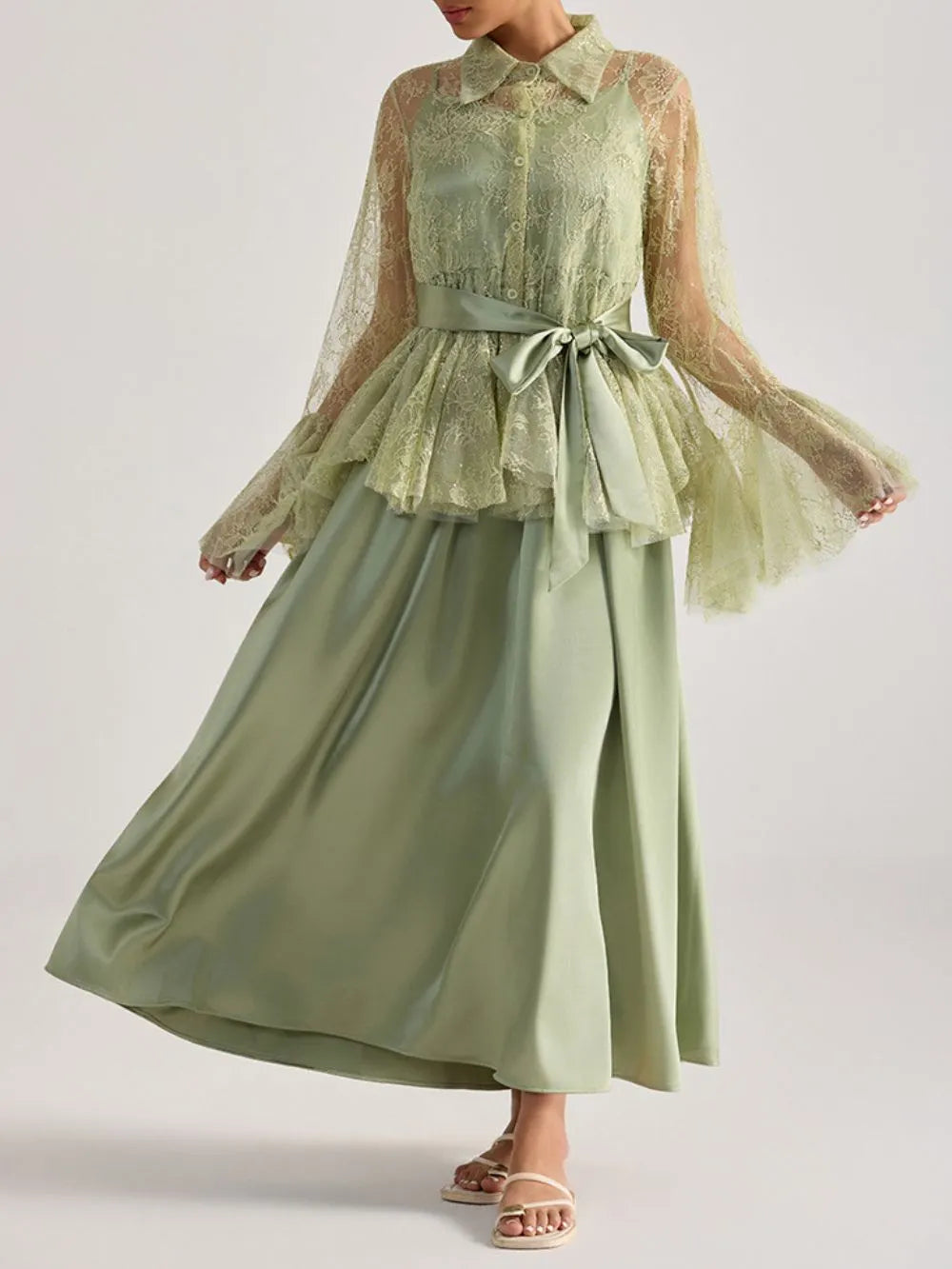 Miori Green Lace Top & Maxi Dress Set Flowering Girl