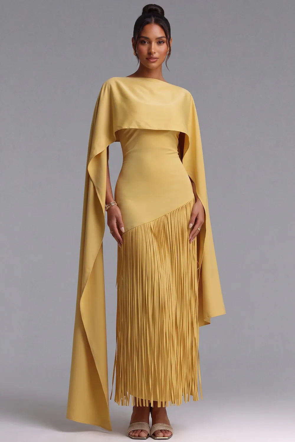 Yellow Fringe Maxi Dress with Cape Detail Flowering Girl