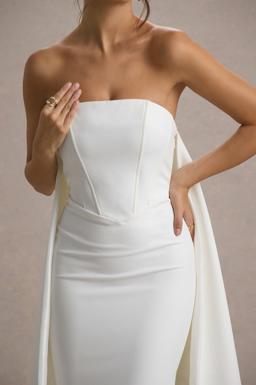 She's Trouble | White Bandeau Maxi Dress With Cape Flowering Girl