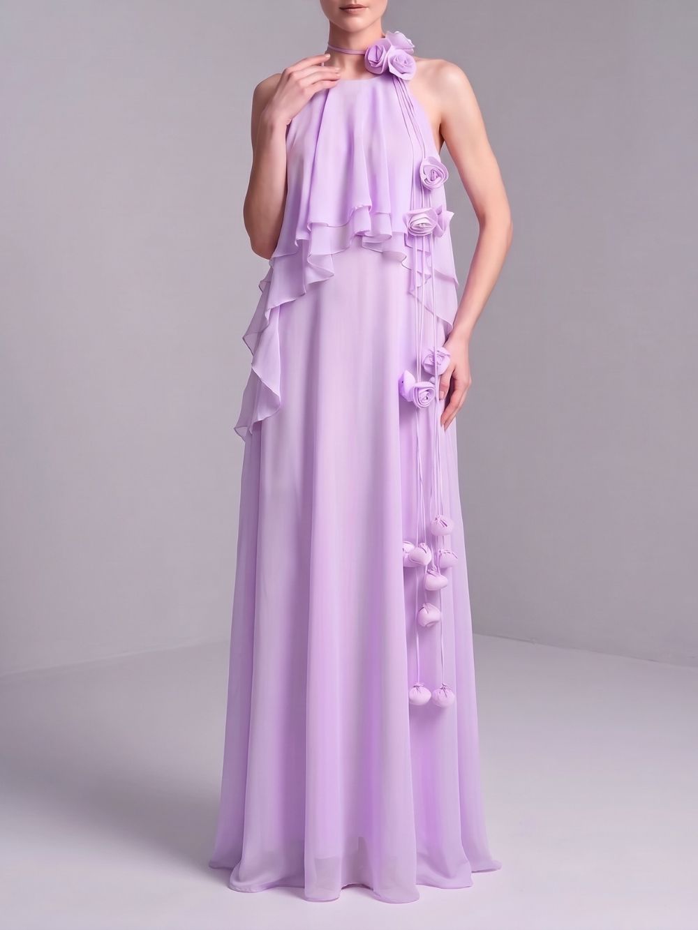 Myriam Purple Halter Flower Maxi Dress