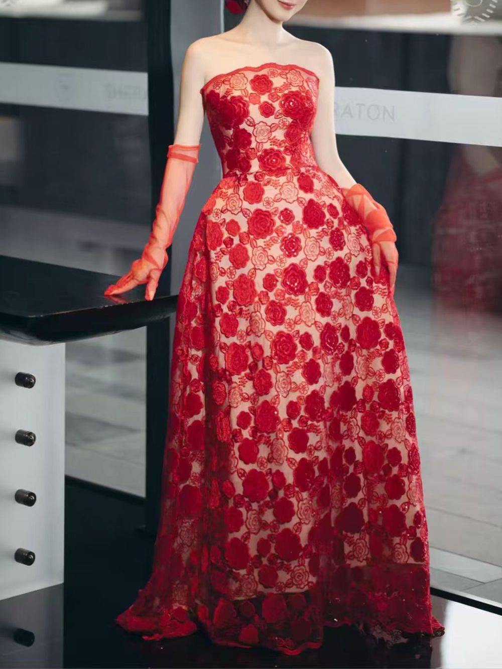MyAnna Red Strapless Floral Maxi Dress