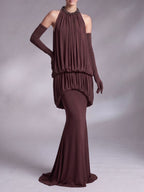 Myna Coffee Halter Pleated Maxi Dress With Gloves