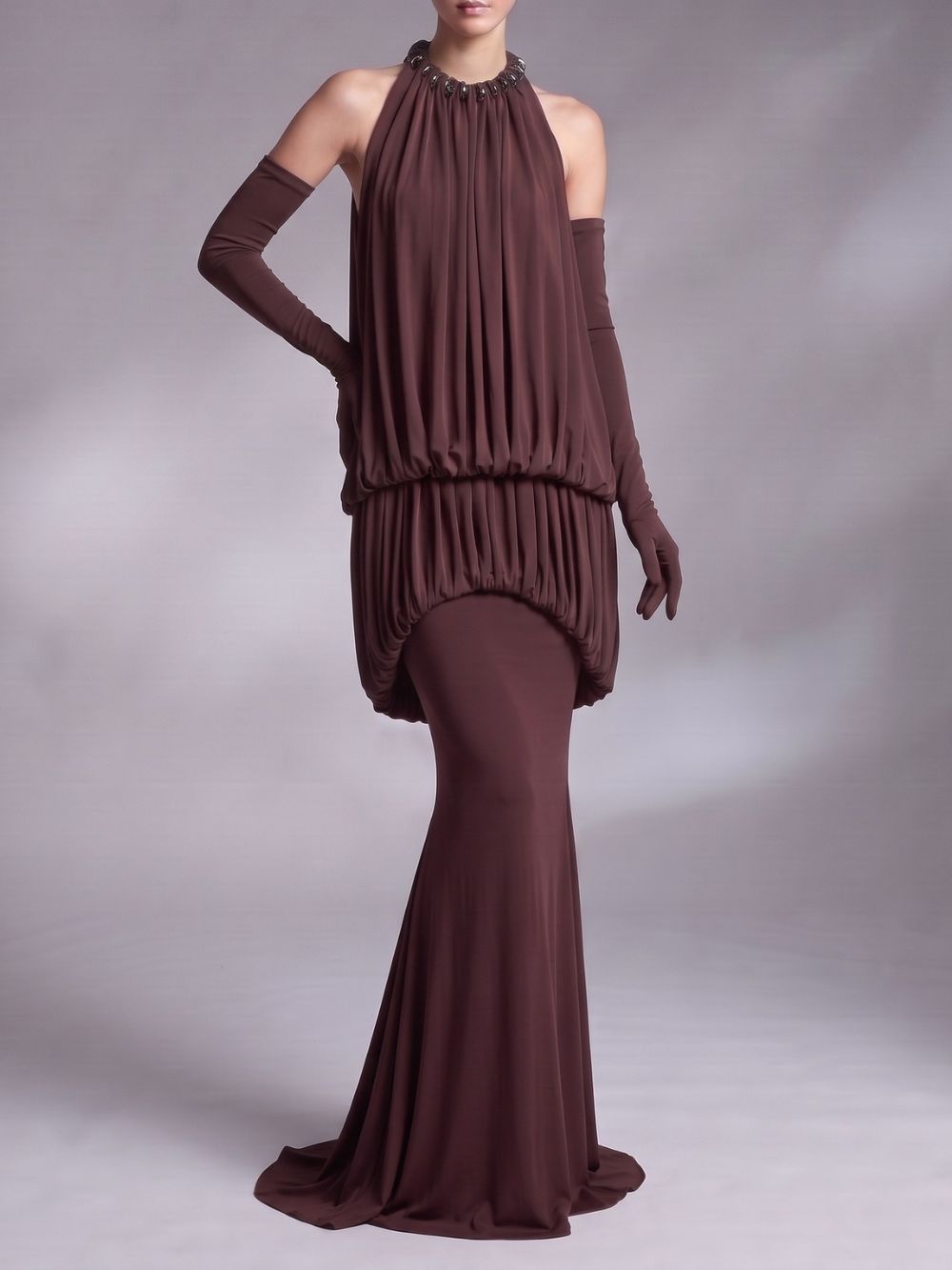Myna Coffee Halter Pleated Maxi Dress With Gloves