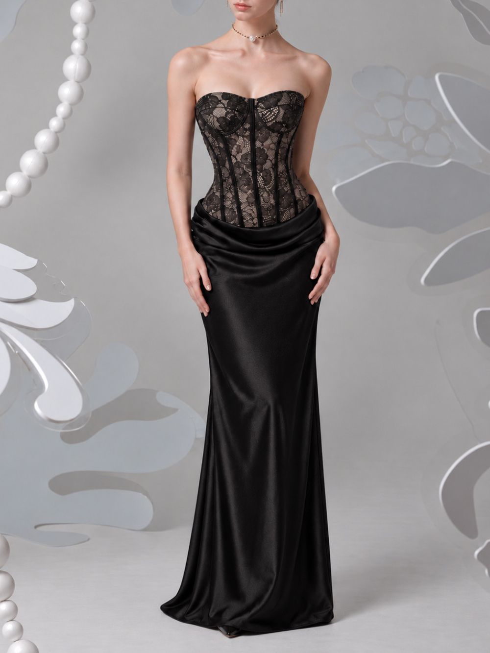 Myli Strapless Lace Ruched Maxi Dress
