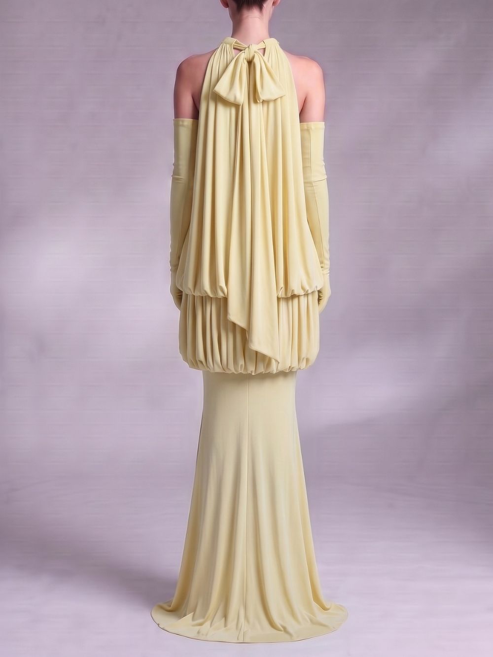 Myna Yellow Halter Pleated Maxi Dress With Gloves