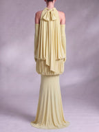 Myna Yellow Halter Pleated Maxi Dress With Gloves