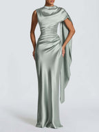 Sage Green Satin Asymmetrical Evening Gown with Draped Panel Flowering Girl