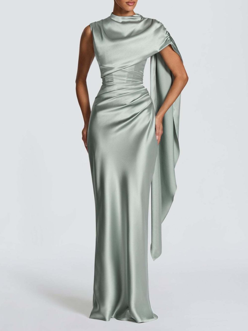 Sage Green Satin Asymmetrical Evening Gown with Draped Panel Flowering Girl