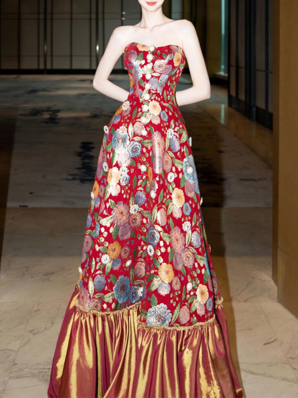 Mozelle Red Strapless Floral Maxi Dress