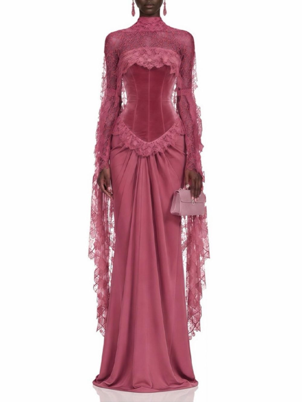 Magenta Velvet Corset-Bodice Draped Gown