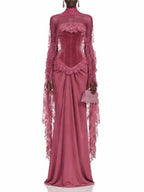 Magenta Velvet Corset-Bodice Draped Gown