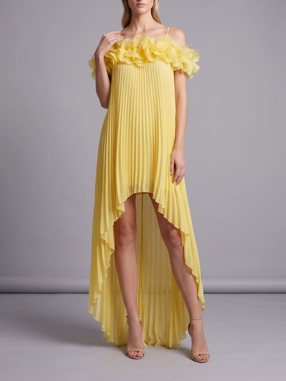 Mylie Yellow Spaghetti Flower Pleated Maxi Dress