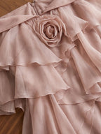 Dusty Pink Chiffon Flowing A-Line Gown with High Slit Flowering Girl