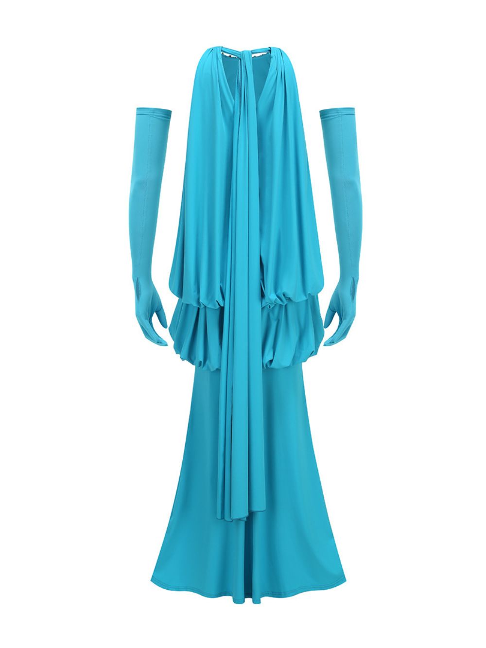 Myna Blue Halter Pleated Maxi Dress With Gloves