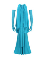 Myna Blue Halter Pleated Maxi Dress With Gloves