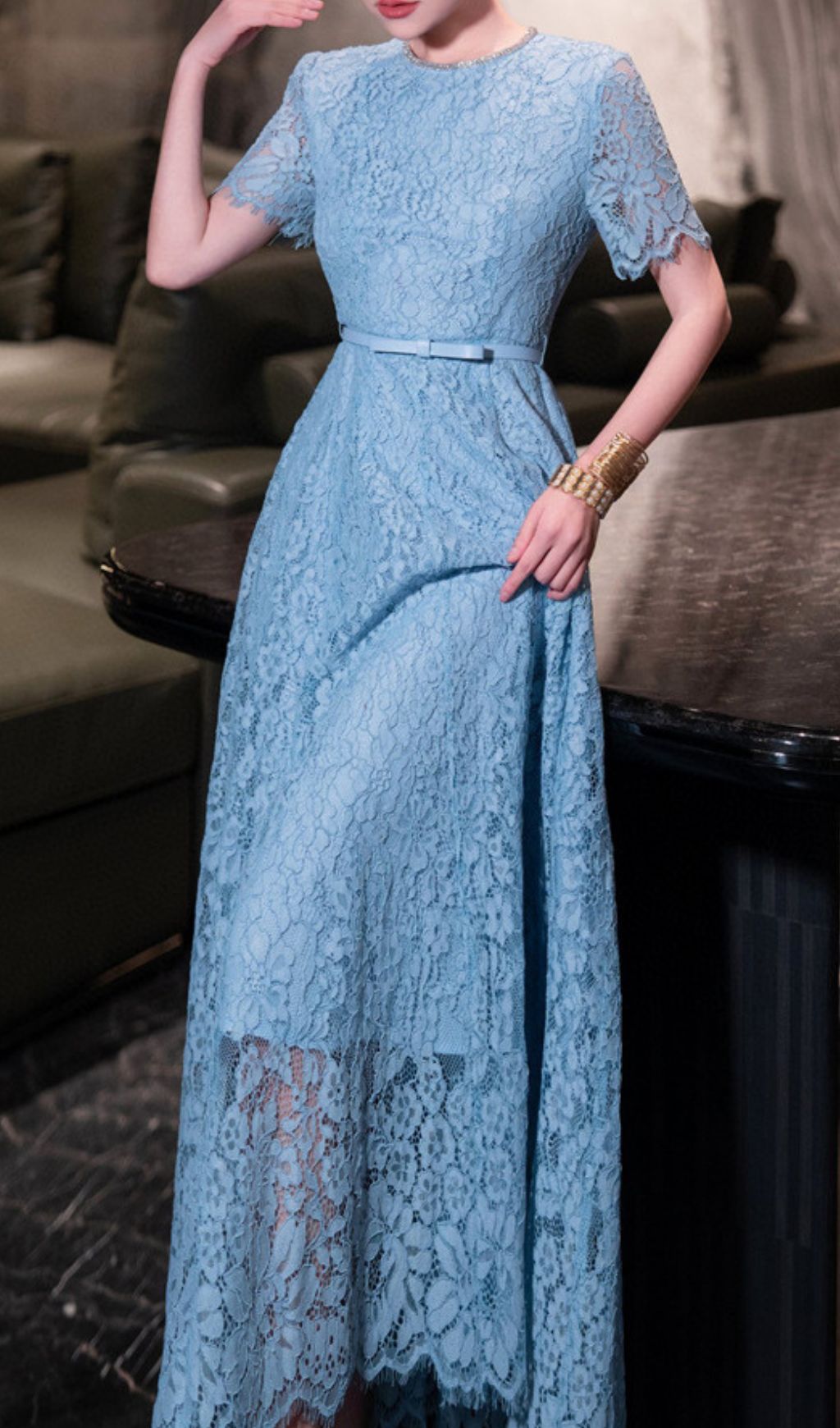Hilary Blue Lace Midi Dress Flowering Girl