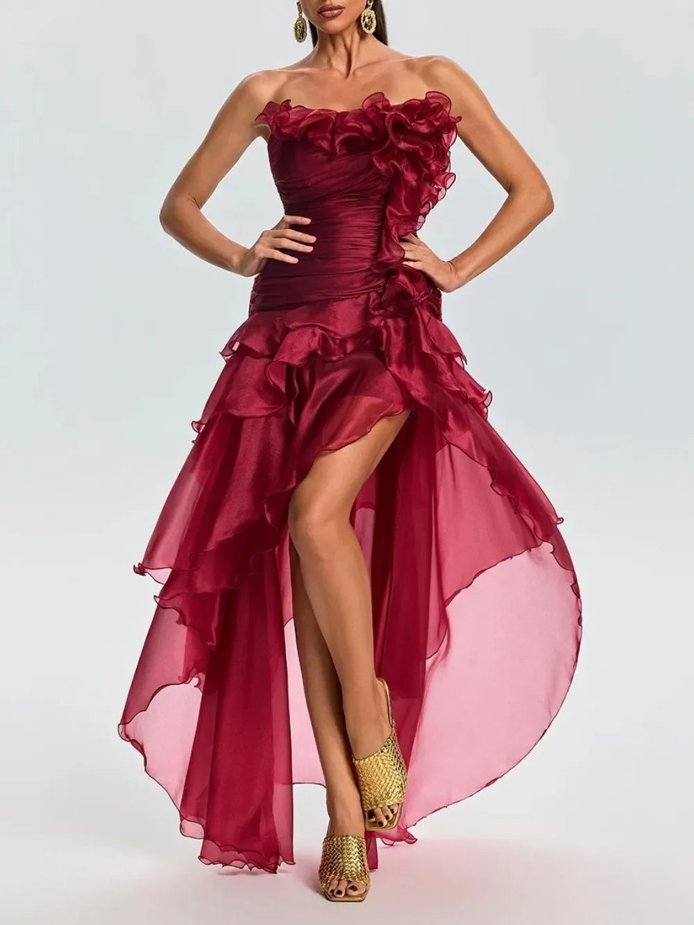 Quorvia Red Strapless Ruched Maxi Dress Flowering Girl