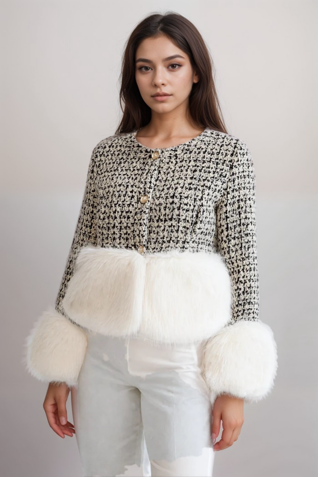 Tweed Jacket Withfaux Fur Accents Flowering Girl