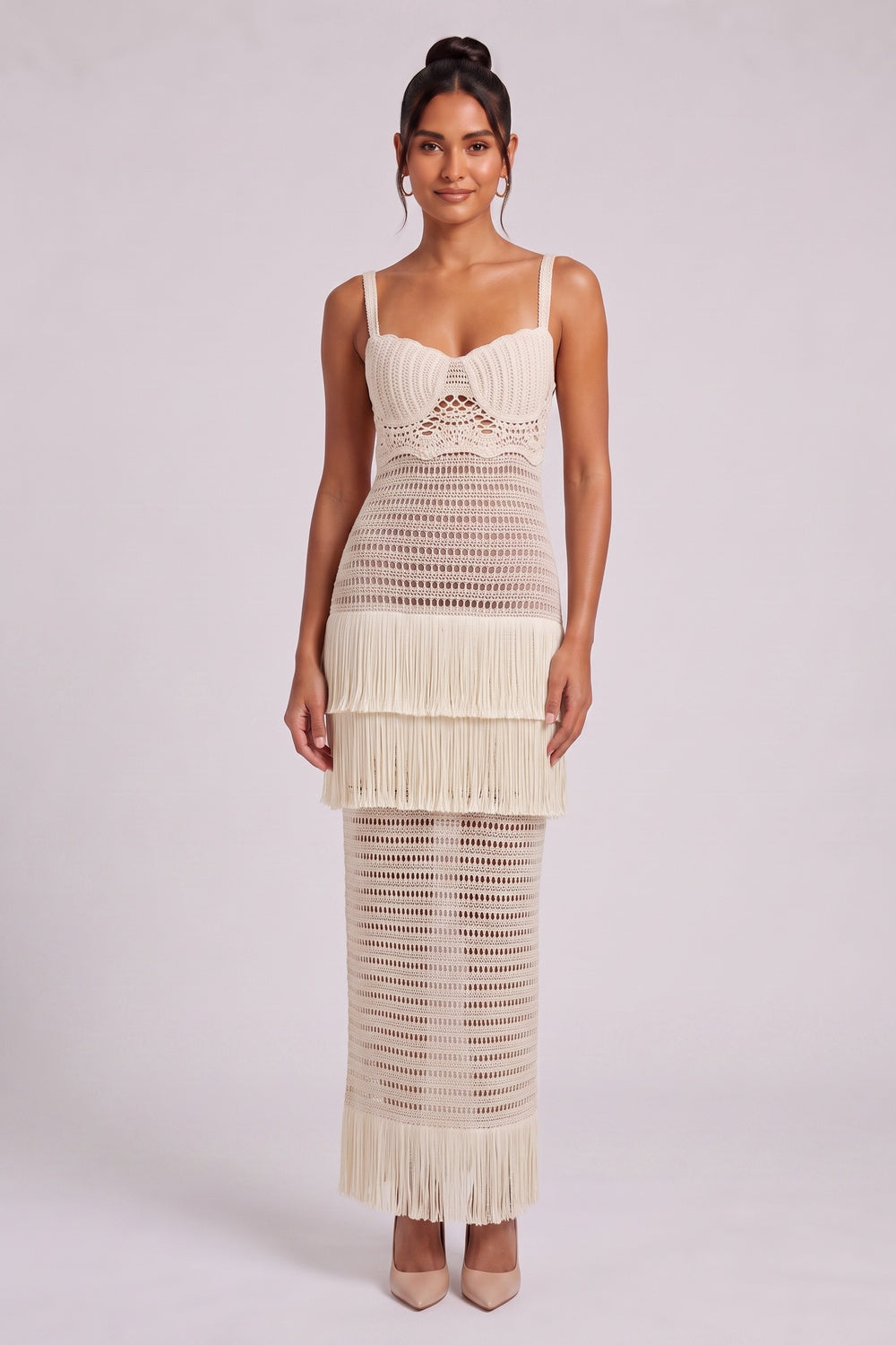Cream Crochet Knit Column Dress Flowering Girl