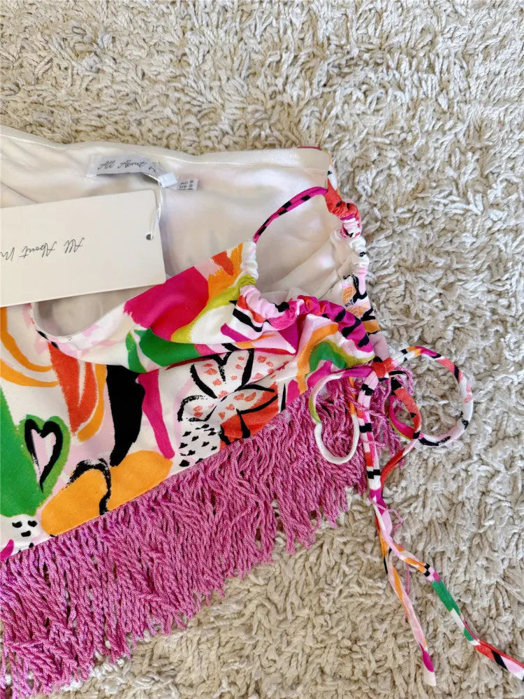 Painted Graffiti Irregular Strap Fringed Skirt Set Flowering Girl